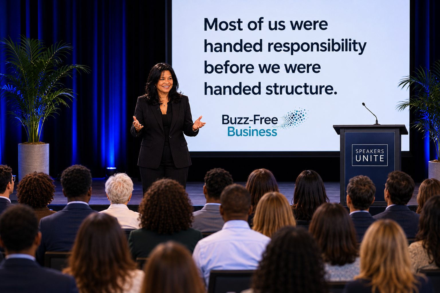 Tracey Alexander on stage delivering a Buzz-Free Business keynote.